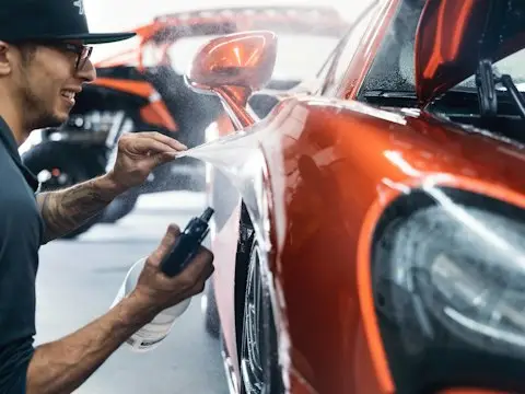 um homem encerando um carro em uma garagem